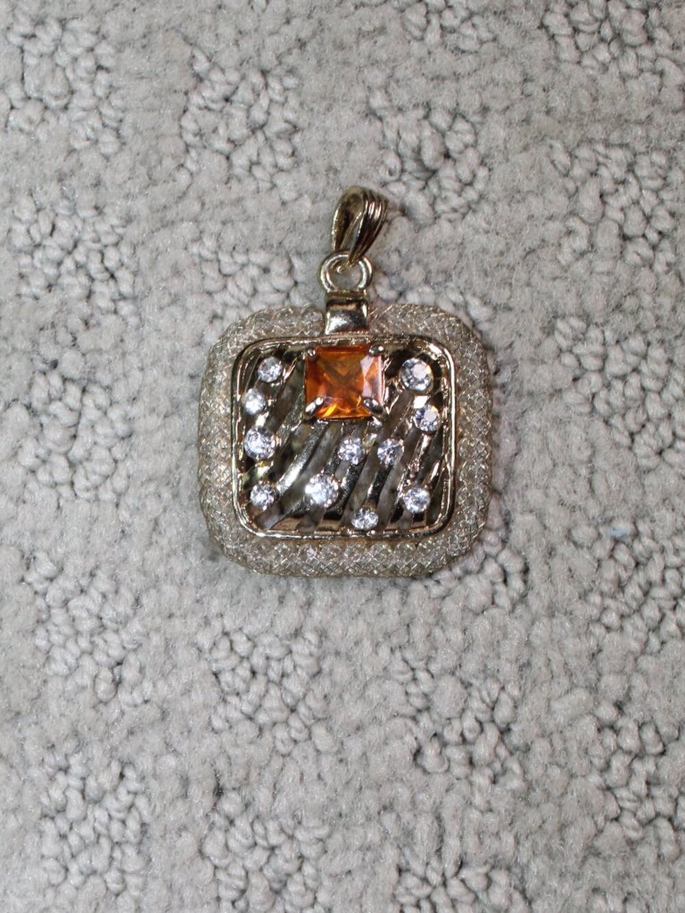 Gold-tone 1" Abstract Square w Woven Encased Rhinestone Trim Pendant